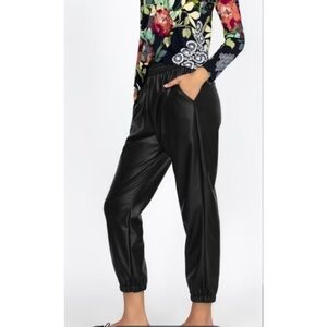 Johnny Was Workshop Vegan Leather Silk Lined Elastic Waist Black Joggers XS NWT